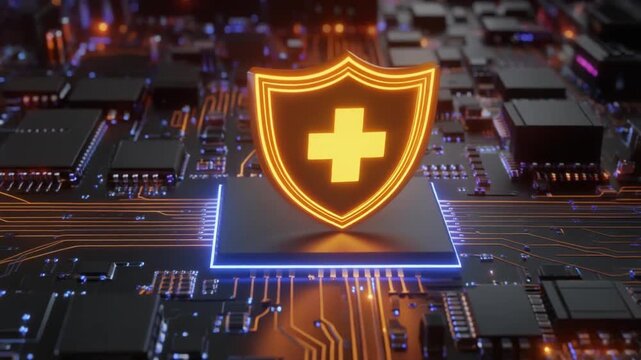 Glowing shield with cross above microchip circuitry, symbolizing cybersecurity, digital protection, and technological resilience.