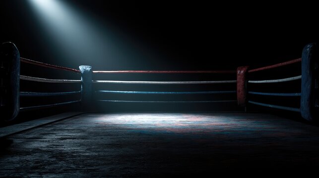 Empty boxing ring under dramatic spotlight