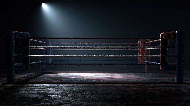 Empty boxing ring, spotlight illuminates the weathered canvas and ropes