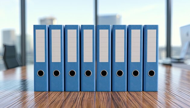 Row of blue office binders on a desk with a blurred cityscape background