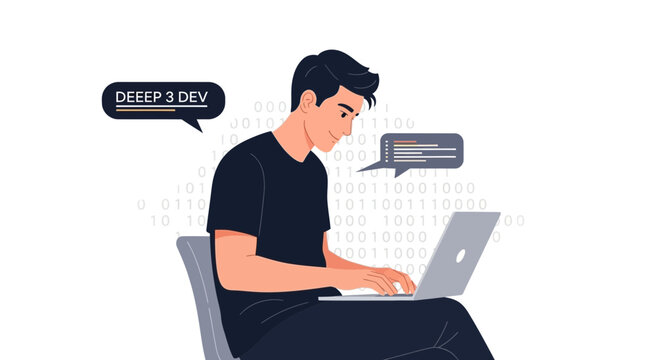 Male programmer coding on laptop, binary code background, speech bubbles with programming text