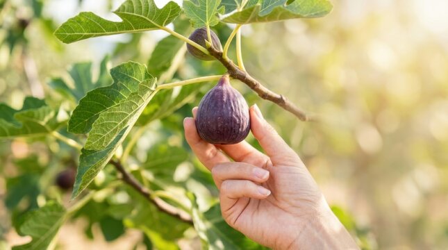 A close-up of a person hand gently plucking a ripe purple fig from a lush green branch, highlighting the manual gathering of fresh seasonal fruits in an orchard.