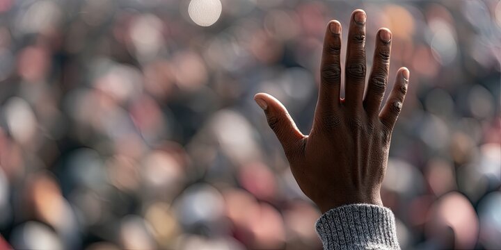 A raised hand with open fingers against a blurred background of people