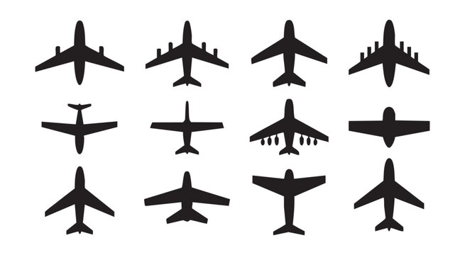 Collection of different airplane silhouettes on transparent background including passenger jets.