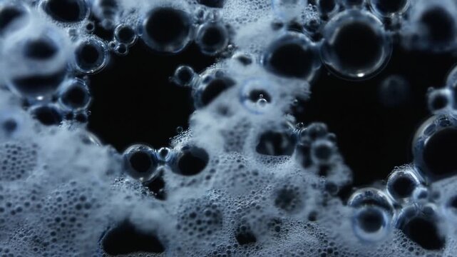 Macro slow motion close up of soap bubbles forming rising and bursting on dark surface in studio lighting reflective translucent spheres