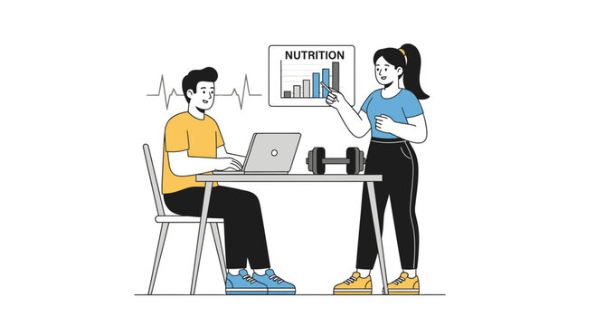 Personal Trainer Explains Nutrition Plan to Client Using Laptop and Charts - Flat Design
