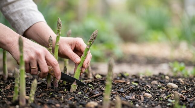 Close-up of a gardener hands using a knife to carefully cut fresh green asparagus spears directly from the soil bed during an organic spring harvest.