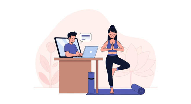 Online Yoga Class: Woman Practicing Tree Pose Guided by Instructor on Laptop