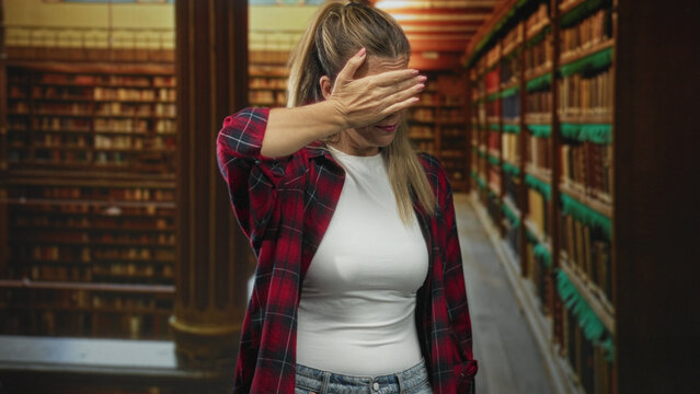 Woman covers eyes with hand in a library building aisle wearing red plaid shirt white tee and denim jeans; shyness introspection.