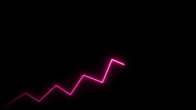 Neon glowing zigzag line with upward arrow on black background representing growth trend and progress