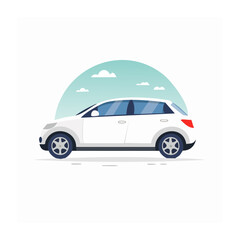 Obraz premium Flat design illustration of a white car with clouds and sky