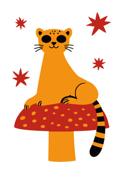 A playful and whimsical leopard illustration featuring a cute spotted wildcat relaxing on top of a bright red mushroom surrounded by decorative autumn leaves.