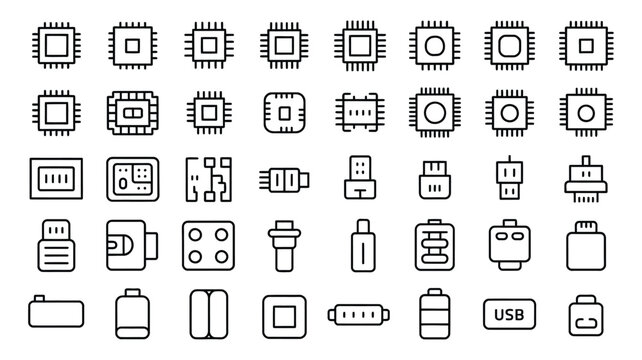 Electronic Component Line Icons Representing Hardware Engineering, Digital Circuit Design, Microchips, and Circuit Elements Vector