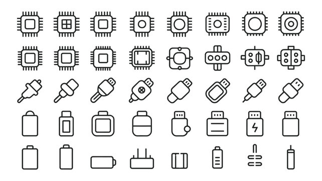 Electronic Component Line Icons Featuring Microchips, Resistors, Capacitors, Circuit Symbols, and Semiconductor Technology Vector Illustration