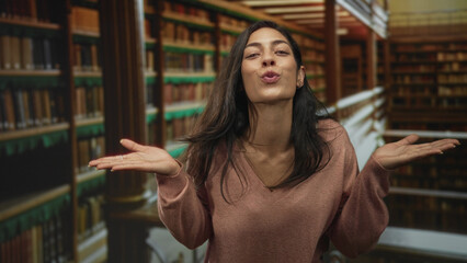 Woman blowing a kiss with hand and smiling face among tall bookshelves in a quiet indoor library reading room  affection connection. © Krakenimages.com