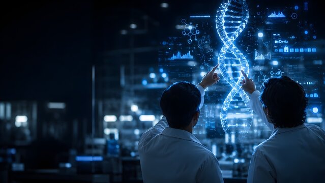 Scientists Analyzing Holographic DNA Data in Futuristic Genomics Laboratory Banner 2026 4k