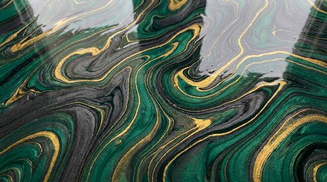 Abstract liquid marble texture background with flowing veins of metallic gold, deep emerald green, and luxury dark wavy fluid patterns
