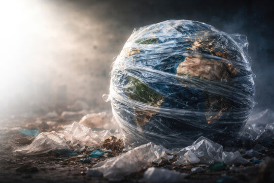 A globe wrapped in plastic wrap among plastic garbage. Space for text.