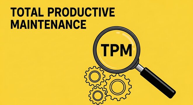 Total Productive Maintenance concept illustration, TPM acronym under magnifying glass, industrial lean manufacturing management on yellow background
