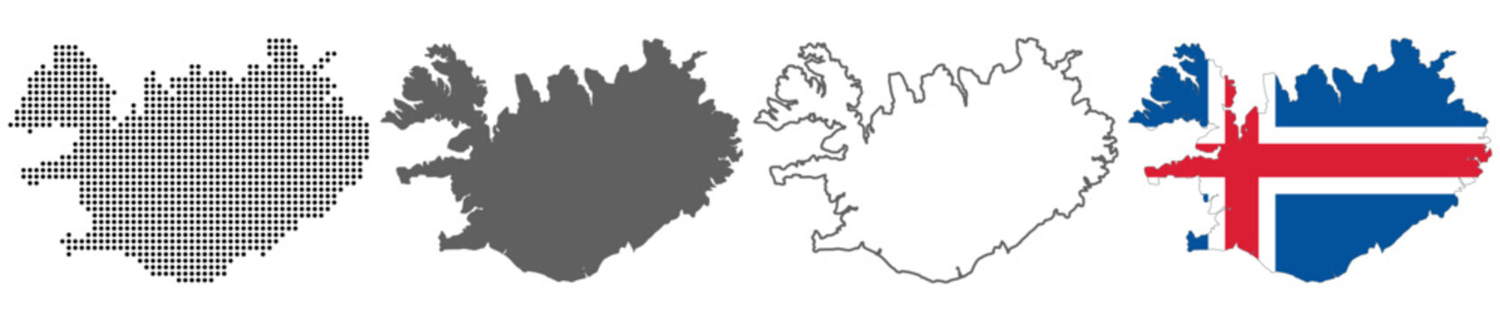 Iceland country map vector set with dotted pattern solid silhouette outline and national flag illustration