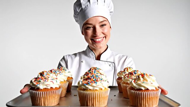 Smiling female pastry chef in white uniform holding a tray of cupcakes with colorful sprinkles