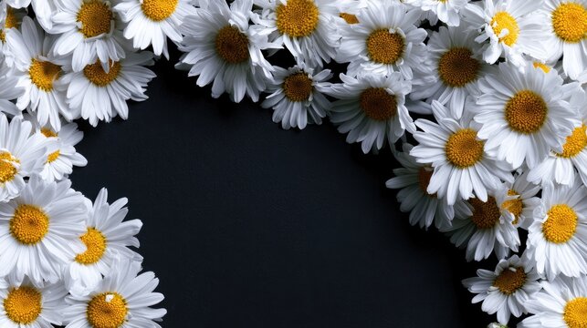 White daisies with yellow centers arranged on a dark background