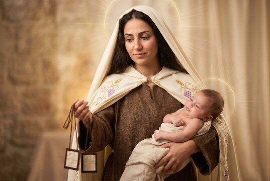 Realistic portrait of Our Lady of Mount Carmel (Virgen del Carmen / Nossa Senhora do Carmo) holding baby Jesus and the traditional brown scapular, Catholic religion concept