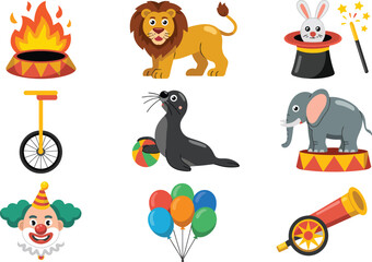 Fototapeta premium Set of nine colorful cartoon circus and entertainment icons featuring animals and performers