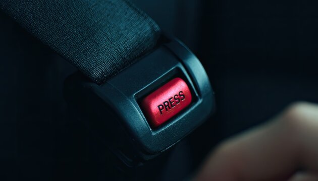 Close-up macro of a red seatbelt buckle with "PRESS" text