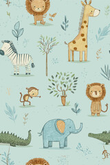 Fototapeta premium Safari animals pattern with giraffes, elephants, and lions on a light blue background. Cute cartoon jungle animals seamless pattern