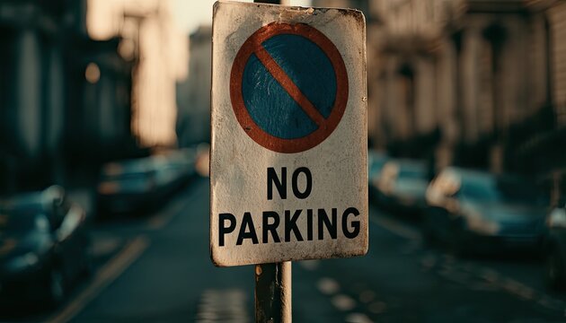 A weathered "No Parking" sign stands on a street lined with parked cars
