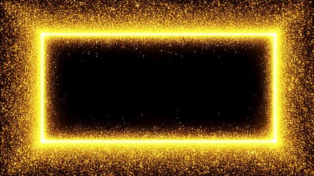 Panning shot of glowing gold rectangular frames with shimmering particles drifting across black studio background