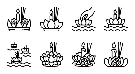 Fototapeta premium Loy Krathong Festival Icons, Thai Culture Celebration, Candle Incense Flower Boat Vector Set