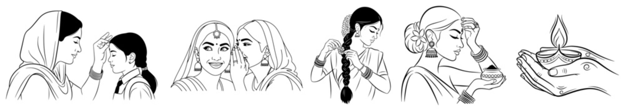 Indian Culture Line Art Set with Traditional Women Bindi Ceremony and Diwali Diya Lamp