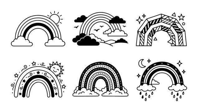 Doodle Rainbow Icons Set, Whimsical Sky Elements, Hand-Drawn Weather Graphics, Vector Art Collection