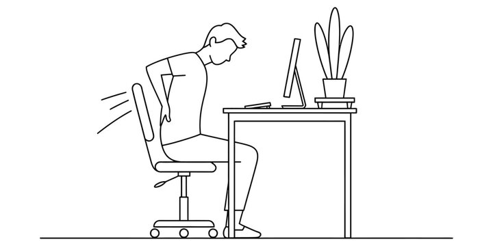 Man sitting at a desk with back pain while working on a computer Vector, illustration