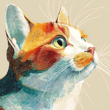 Vibrant watercolor of a tabby cat with orange and background, white fur