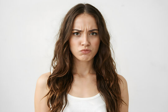 Serious young woman looking at camera with angry face and pouting lip gesture.