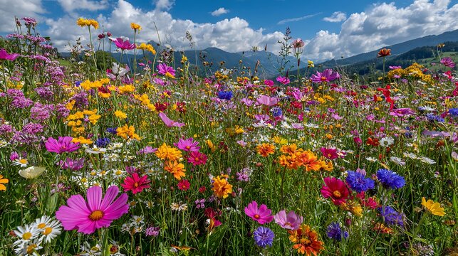 Vibrant wildflower meadow with colorful blooms and butterflies, aerial view background
