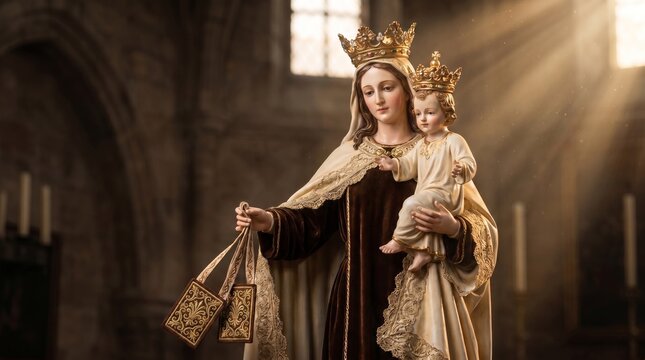  Beautiful porcelain statue of Our Lady of Mount Carmel (Virgen del Carmen / Nossa Senhora do Carmo) holding baby Jesus and the brown scapular. Catholic religion concept, patroness of sailors July 16