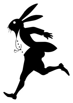 A quirky and surreal rabbit-headed character illustration captured mid-run in a bold black silhouette style. Combining human movement with animal features