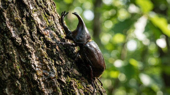 Rhinoceros beetle on a tree trunk