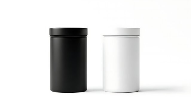 Two cylindrical containers in black and white on a plain background