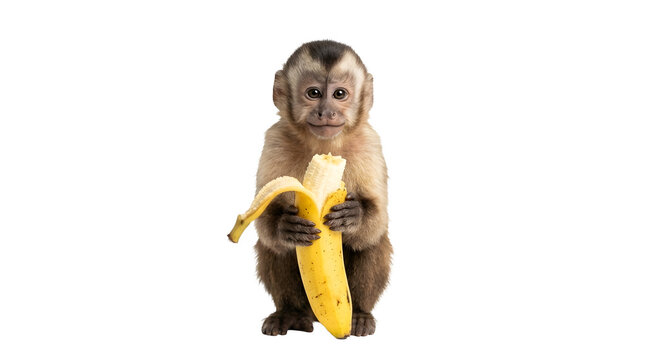 A cute capuchin monkey holding and eating a peeled banana, looking at the camera, isolated on transparent background