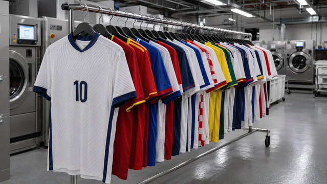 National team jerseys on garment rack in industrial laundry