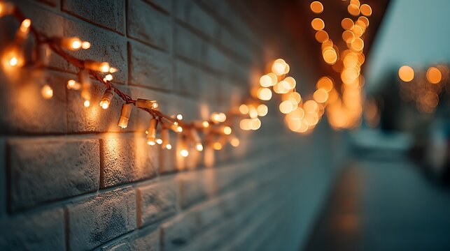 Warm golden christmas lights on wooden surface, festive bokeh effect background
