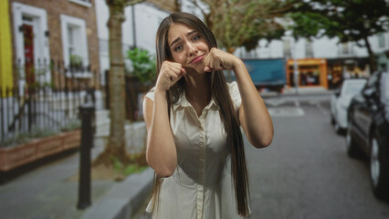 Fototapeta premium Young woman smiling with clenched fists near her face, showing braces, standing on a tree lined residential street with parked cars; playful youthful candid.