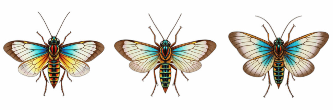 Bring vibrant nature to your designs with this collection of colorful tropical moths. Featuring intricate patterns and brilliant blue, orange, and yellow wing details, these high-quality, isolated ass