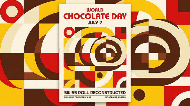 World chocolate day july 7 geometric poster design with abstract swiss roll pattern chocolate geometric abstract minimalist creative celebration anniversary typography template