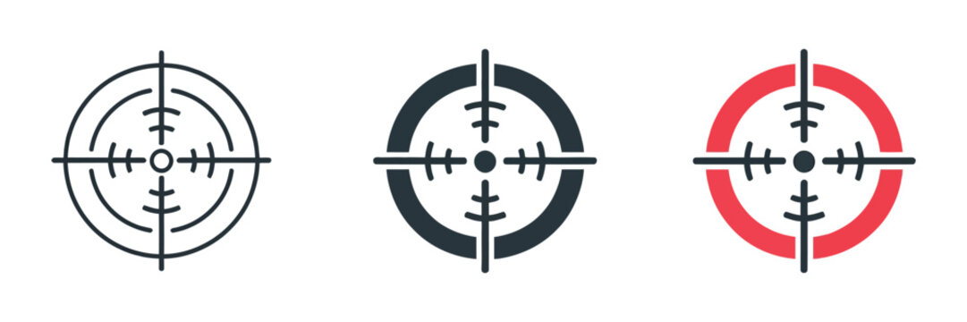 Crosshair Icons Set in Outline, Solid Black and Red Outline Styles, Vector Target Symbols for Precision, Aim, Gaming and Interface Design